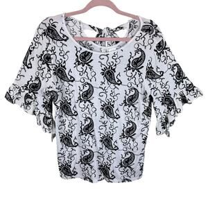 Forgotten Grace White Black Embroidered Paisley 1/2 Ruffled Sleeve Blouse Size L
